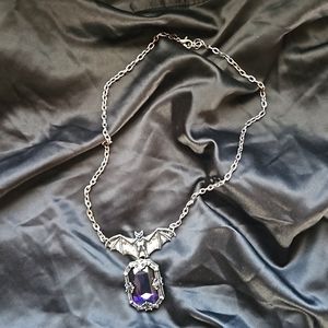 Gothic Bat holding Purple Jewel 18" Necklace Goth Halloween Vampire